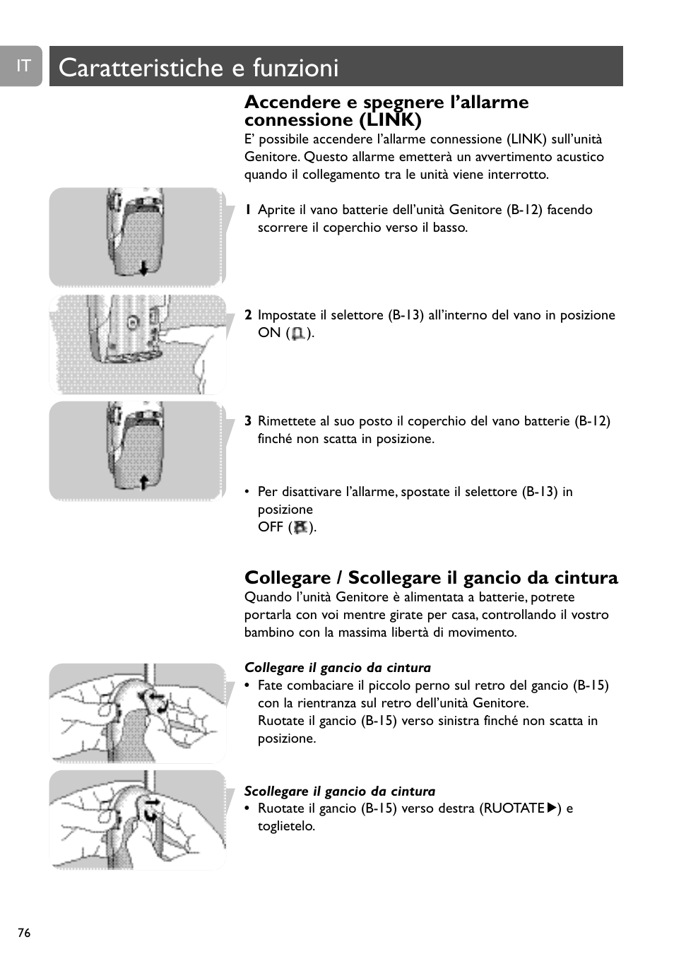 Caratteristiche e funzioni, Accendere e spegnere l’allarme connessione (link), Collegare / scollegare il gancio da cintura | Philips SC468 User Manual | Page 76 / 173