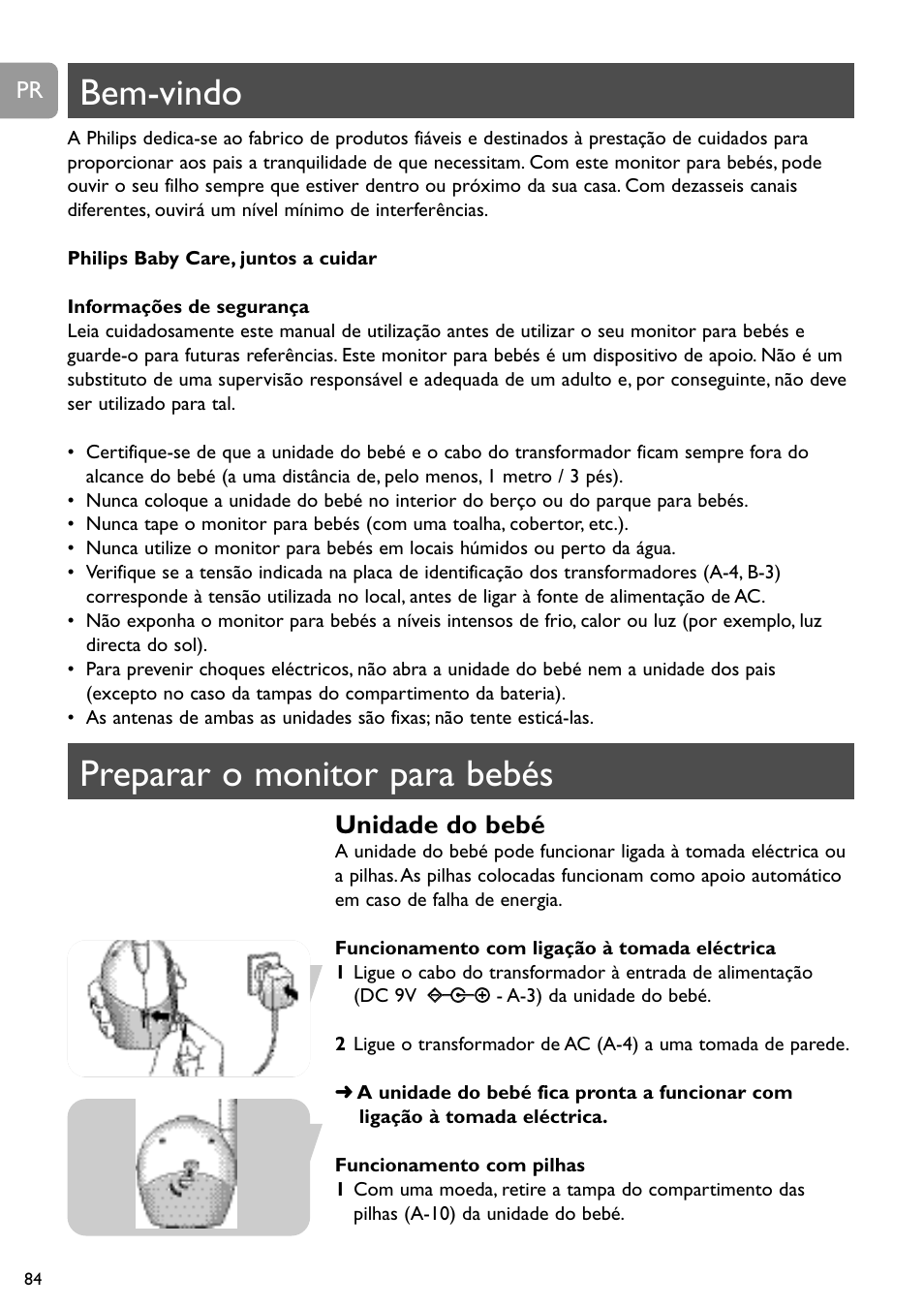 Bem-vindo, Preparar o monitor para bebés, Unidade do bebé | Philips SC468 User Manual | Page 84 / 173