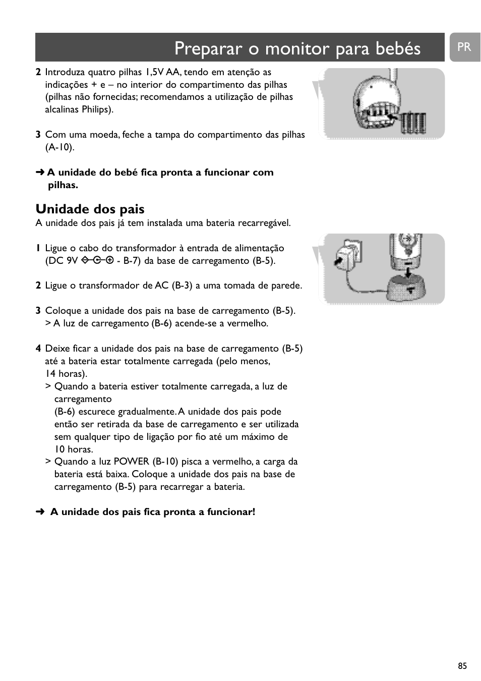 Preparar o monitor para bebés, Unidade dos pais | Philips SC468 User Manual | Page 85 / 173