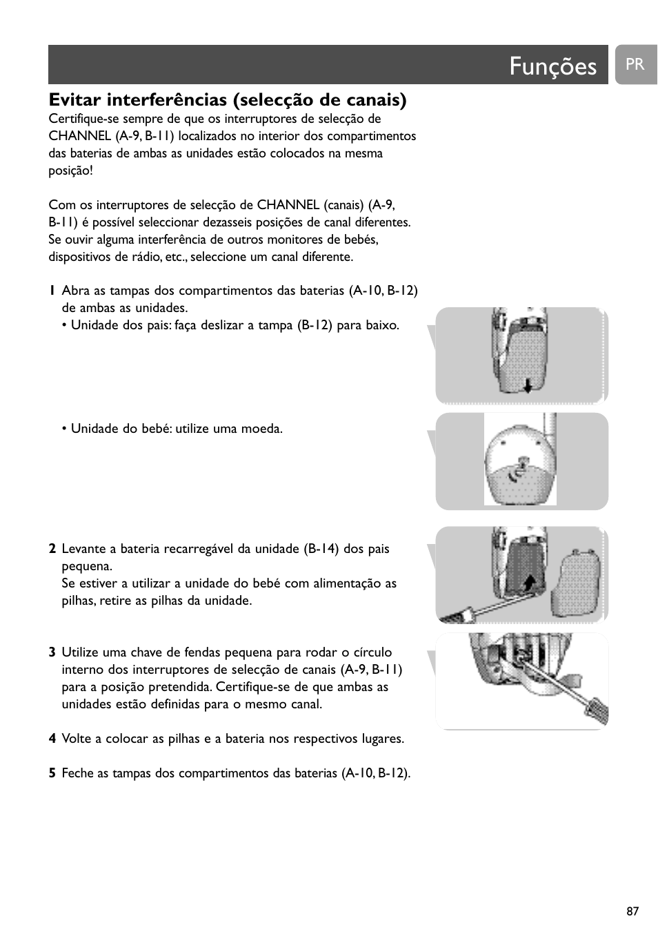 Funções, Evitar interferências (selecção de canais) | Philips SC468 User Manual | Page 87 / 173