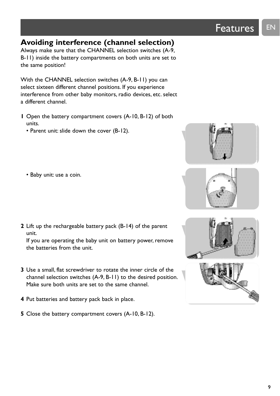 Features, Avoiding interference (channel selection) | Philips SC468 User Manual | Page 9 / 173