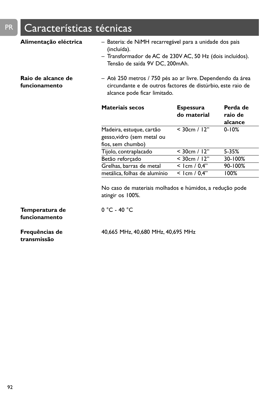 Características técnicas | Philips SC468 User Manual | Page 92 / 173