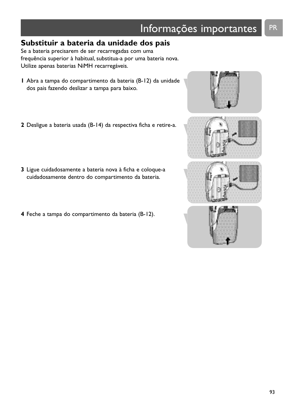 Informações importantes, Substituir a bateria da unidade dos pais | Philips SC468 User Manual | Page 93 / 173