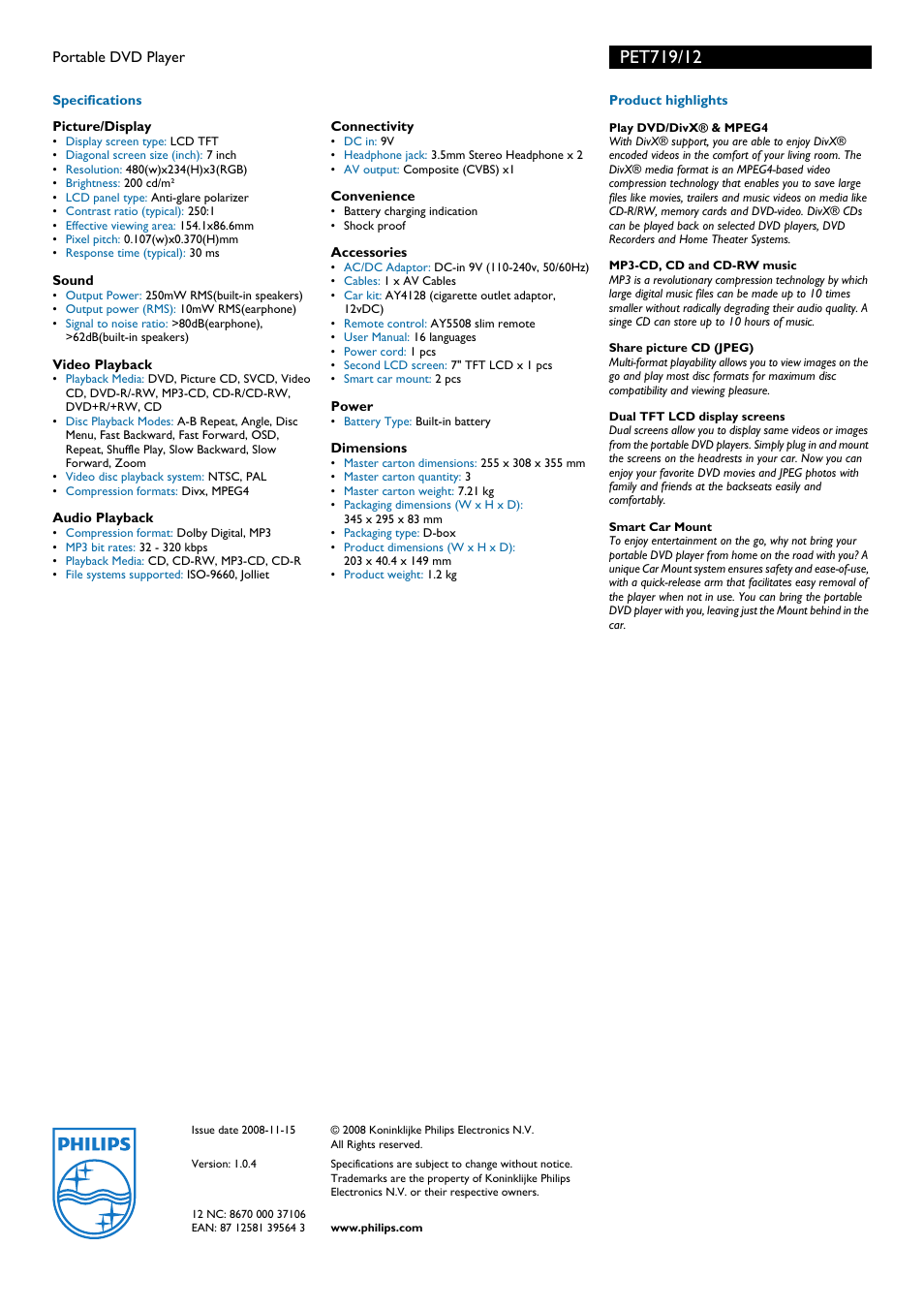 Philips PET1030/58 User Manual | Page 2 / 2