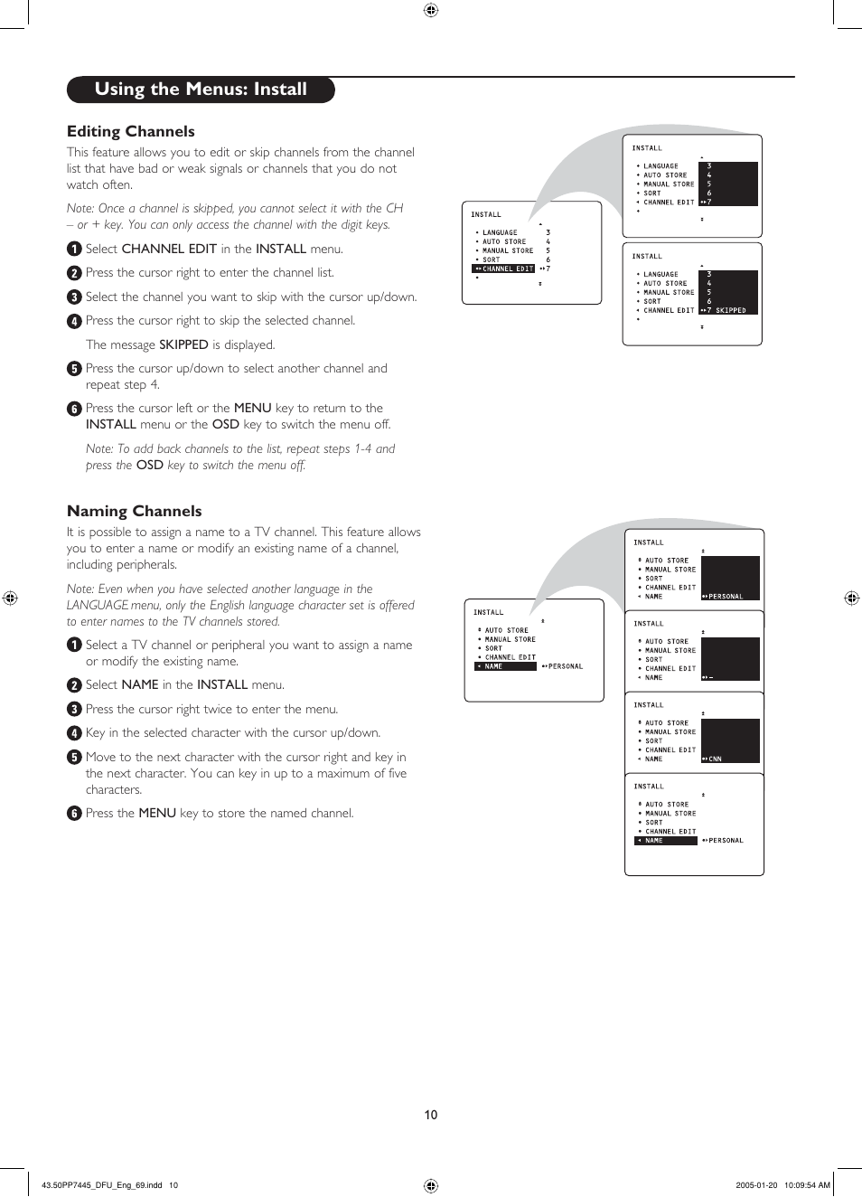 Editing channels, Naming channels, Using the menus: install | Philips 43PP7445 User Manual | Page 10 / 28