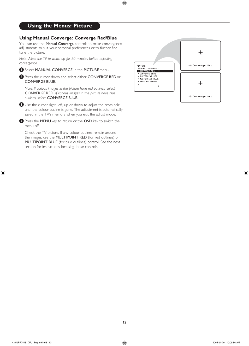 Using manual converge: converge red/blue, Using the menus: picture | Philips 43PP7445 User Manual | Page 12 / 28