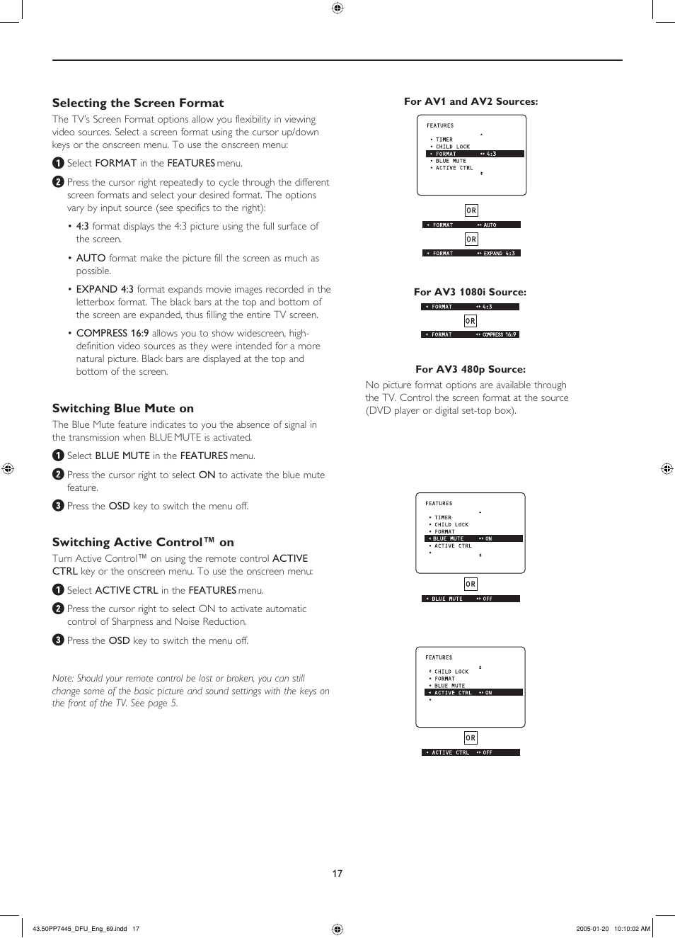 Selecting the screen format, Switching blue mute on, Switching active control™ on | For avi and av2 sources, For av3 1080i source, For av3 480p source | Philips 43PP7445 User Manual | Page 17 / 28