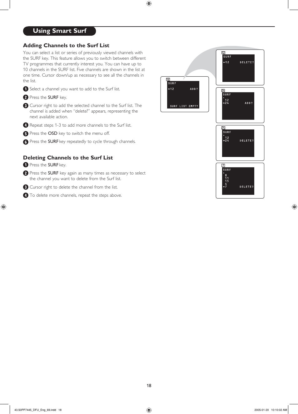 Using smart surf, Adding channels to the surf list, Deleting channels to the surf list | Philips 43PP7445 User Manual | Page 18 / 28