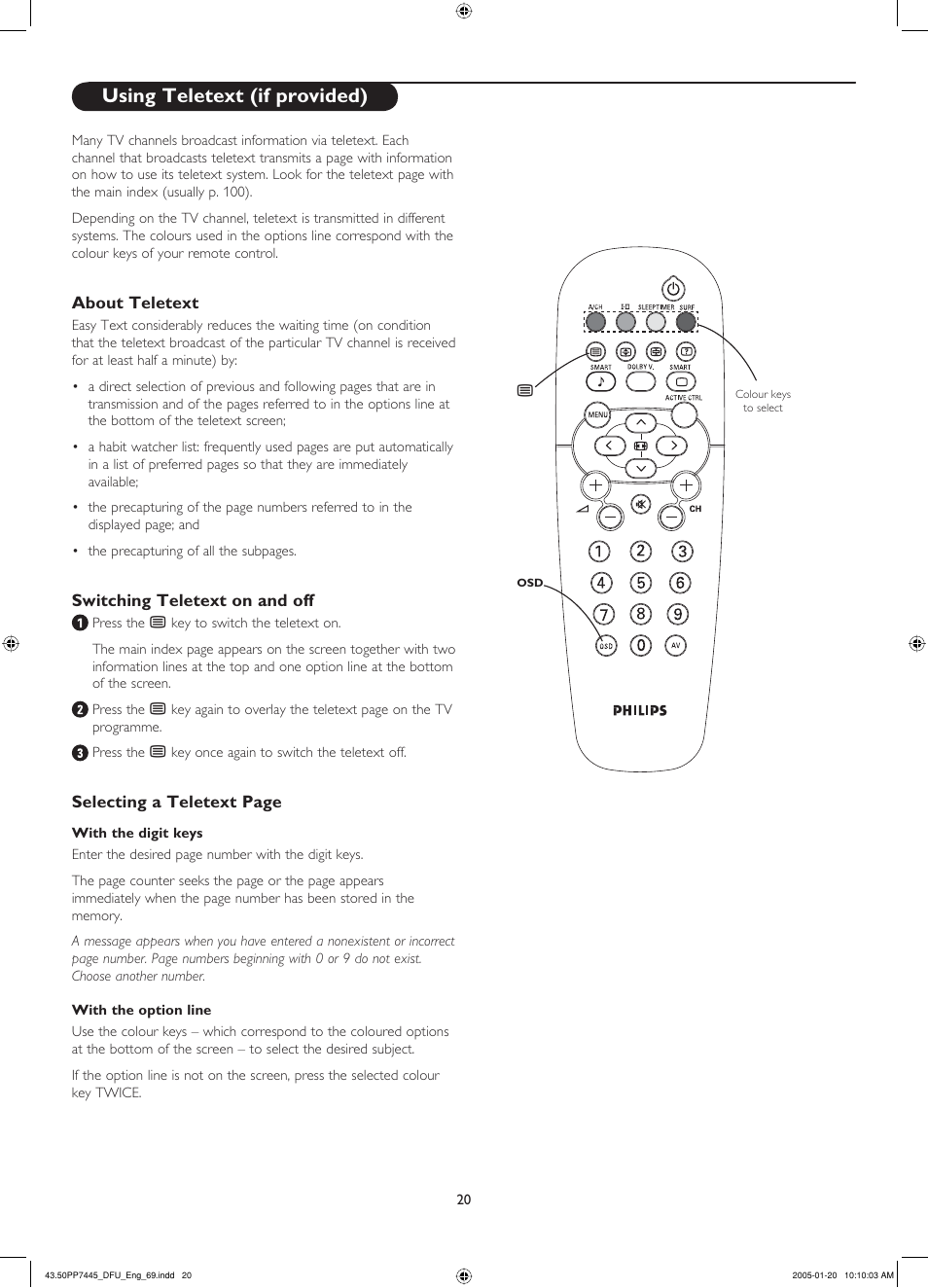 About teletext, Switching teletext on and off, With the digit keys | With the option line, Using teletext (if provided), Selecting a teletext page | Philips 43PP7445 User Manual | Page 20 / 28