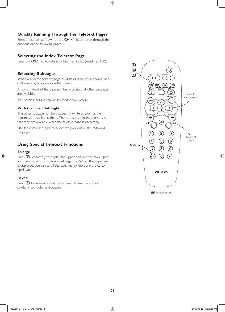 With the cursor left/right, Using special teletext functions, Enlarge | Reveal, Quickly running through the teletext pages, Selecting the index teletext page, Selecting subpages | Philips 43PP7445 User Manual | Page 21 / 28