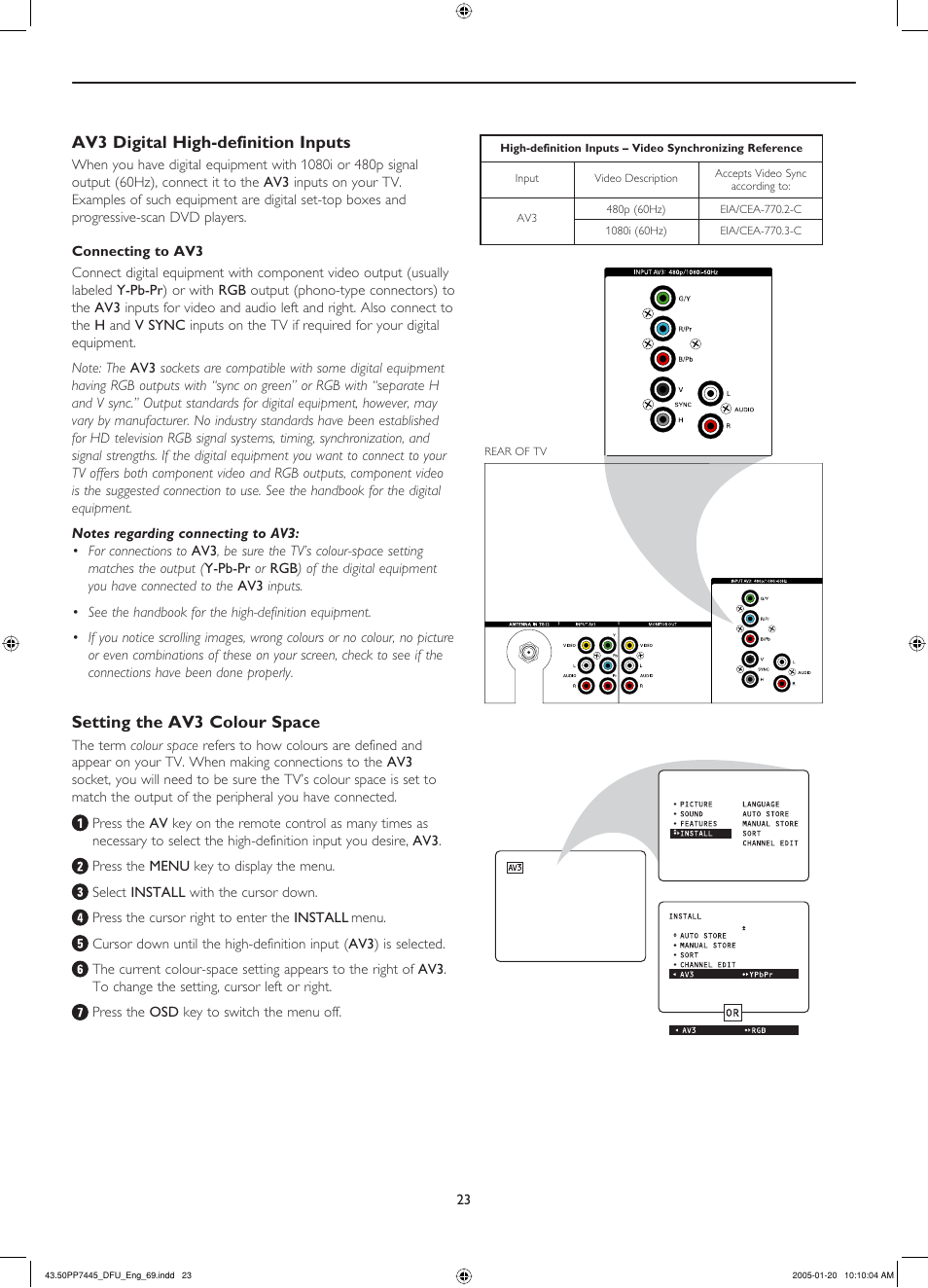 Av3 digital high-definition inputs, Connecting to av3, Setting the av3 colour space | Philips 43PP7445 User Manual | Page 23 / 28