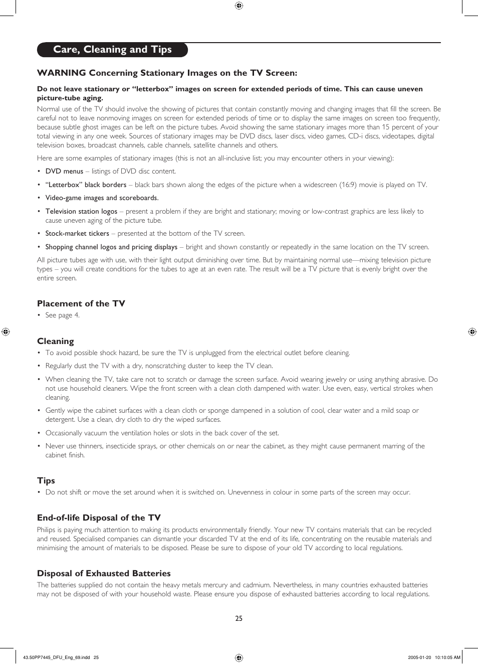 Care, cleaning and tips, Placement of the tv, Cleaning | Tips, End-of-life disposal of the tv, Disposal of exhausted batteries | Philips 43PP7445 User Manual | Page 25 / 28