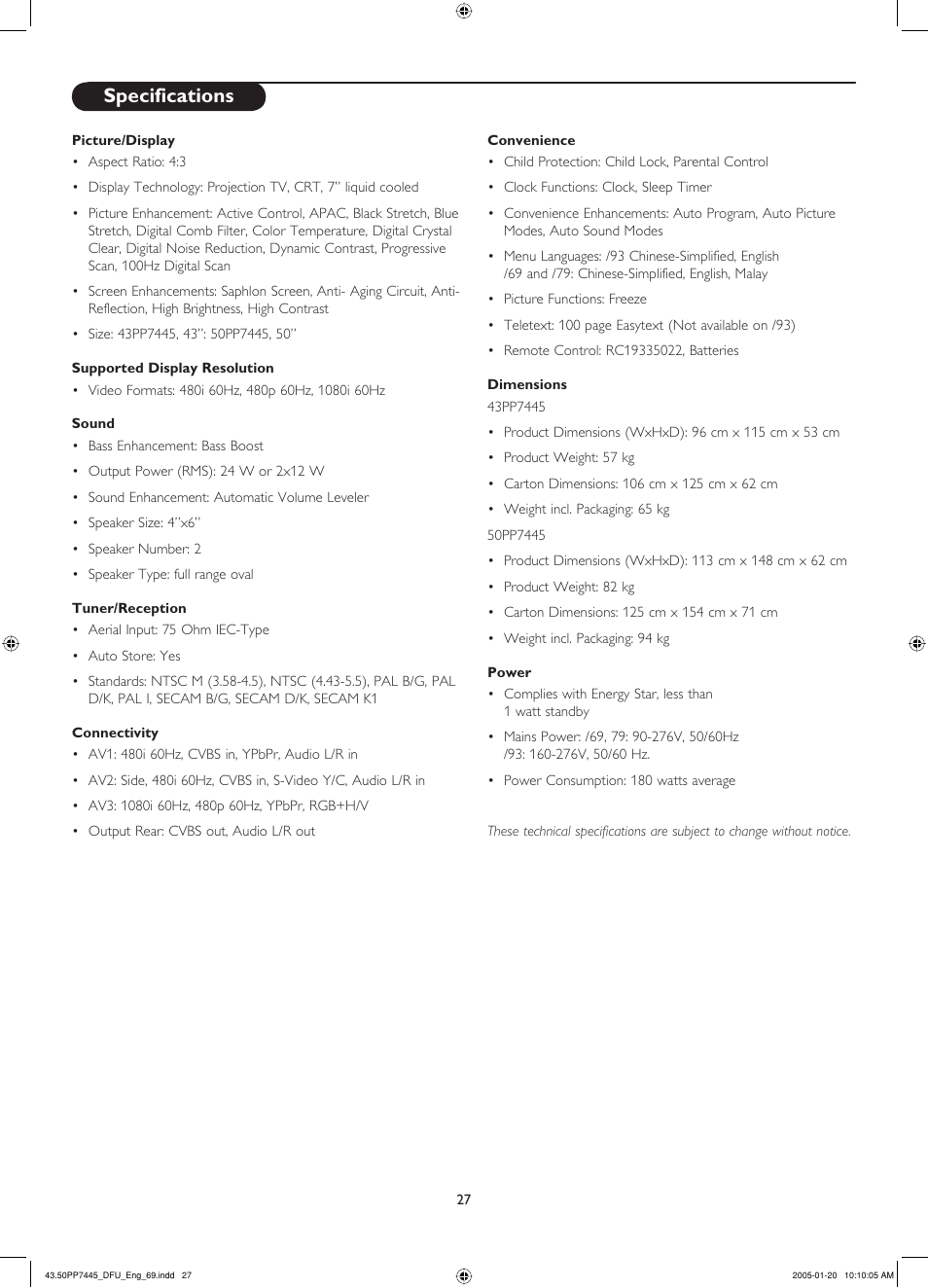 Picture/display, Supported display resolution, Sound | Tuner/reception, Connectivity, Convenience, Dimensions, Power, Specifications | Philips 43PP7445 User Manual | Page 27 / 28