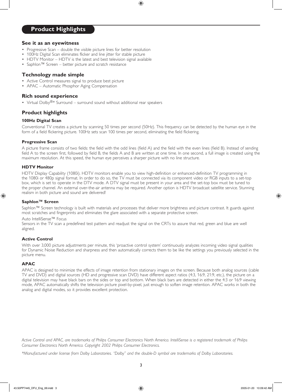 See it as an eyewitness, Technology made simple, Rich sound experience | Product highlights, Progressive scan, Hdtv monitor, Saphlon™ screen, Active control, Apac | Philips 43PP7445 User Manual | Page 3 / 28