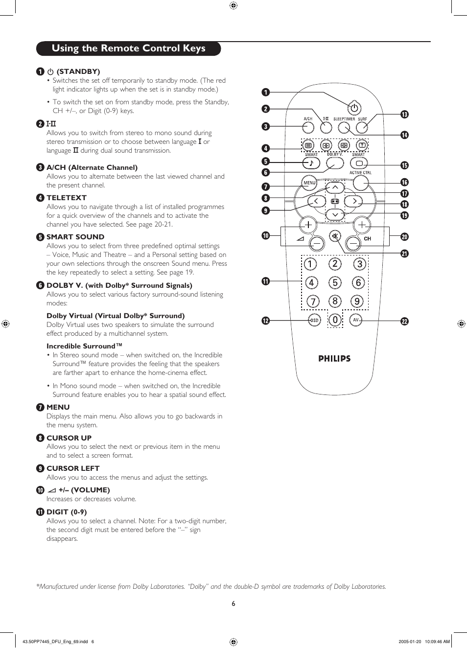 Using the remote control keys, Using the remote control keys -7 | Philips 43PP7445 User Manual | Page 6 / 28