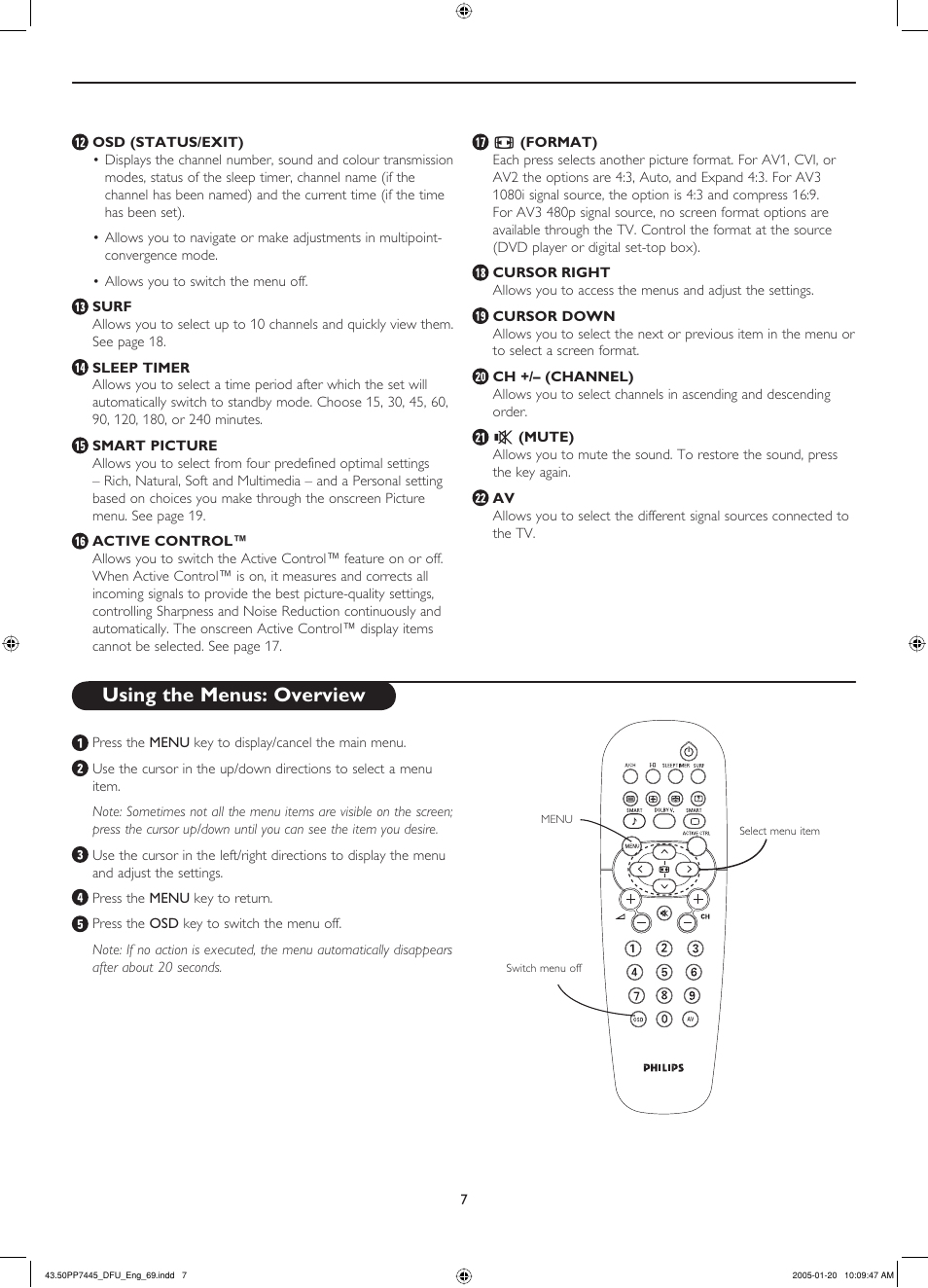 Using the menus: overview | Philips 43PP7445 User Manual | Page 7 / 28