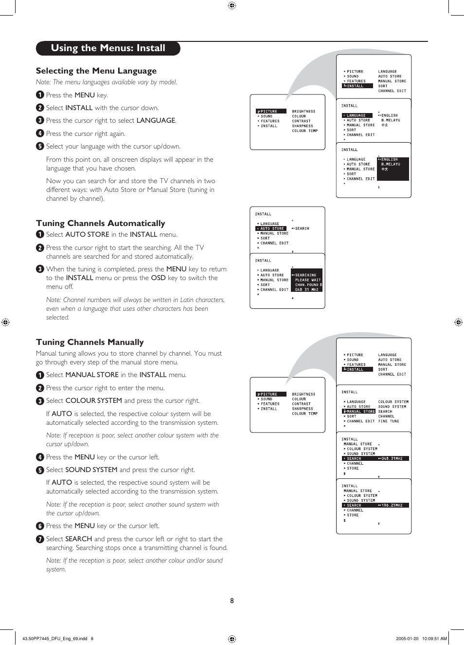 Selecting the menu language, Tuning channels automatically, Tuning channels manually | Using the menus: install | Philips 43PP7445 User Manual | Page 8 / 28