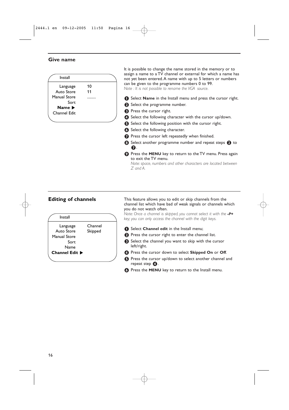 Give name, Editing of channels | Philips 42PF5320/79 User Manual | Page 18 / 28