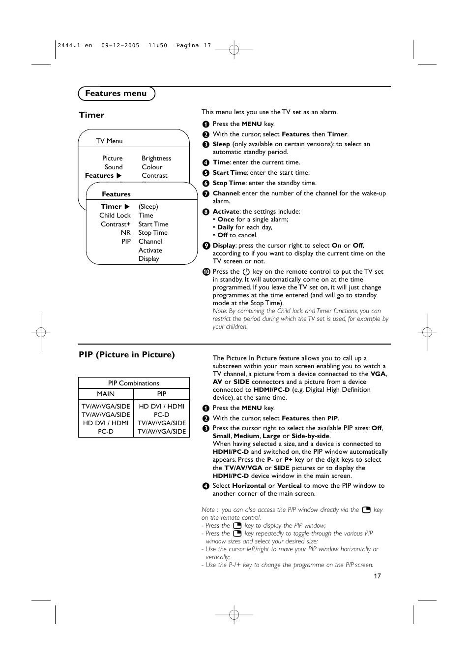 Features menu timer, Pip (picture in picture) | Philips 42PF5320/79 User Manual | Page 19 / 28