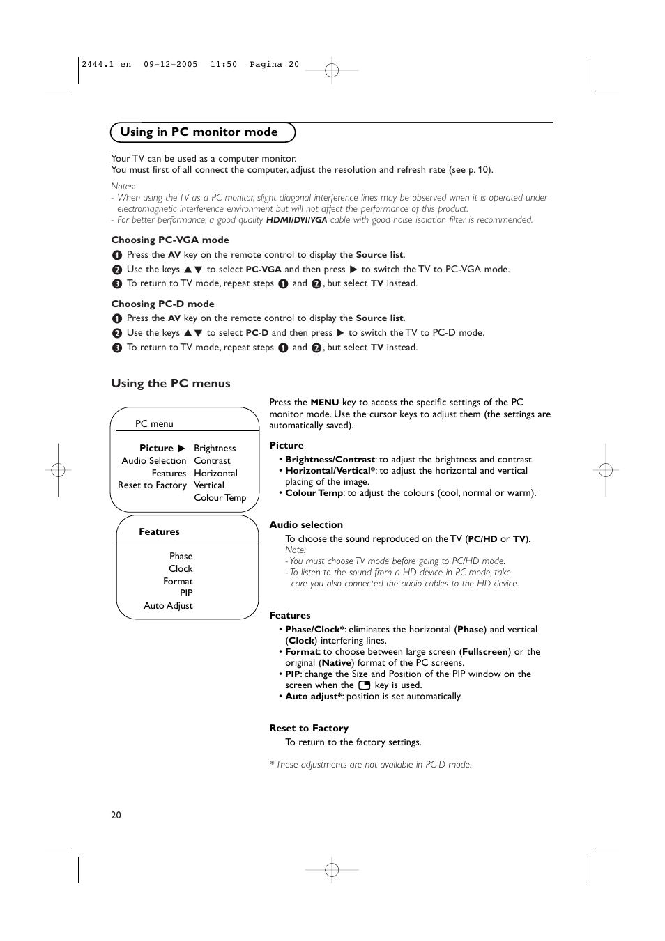 Using the pc menus using in pc monitor mode | Philips 42PF5320/79 User Manual | Page 22 / 28