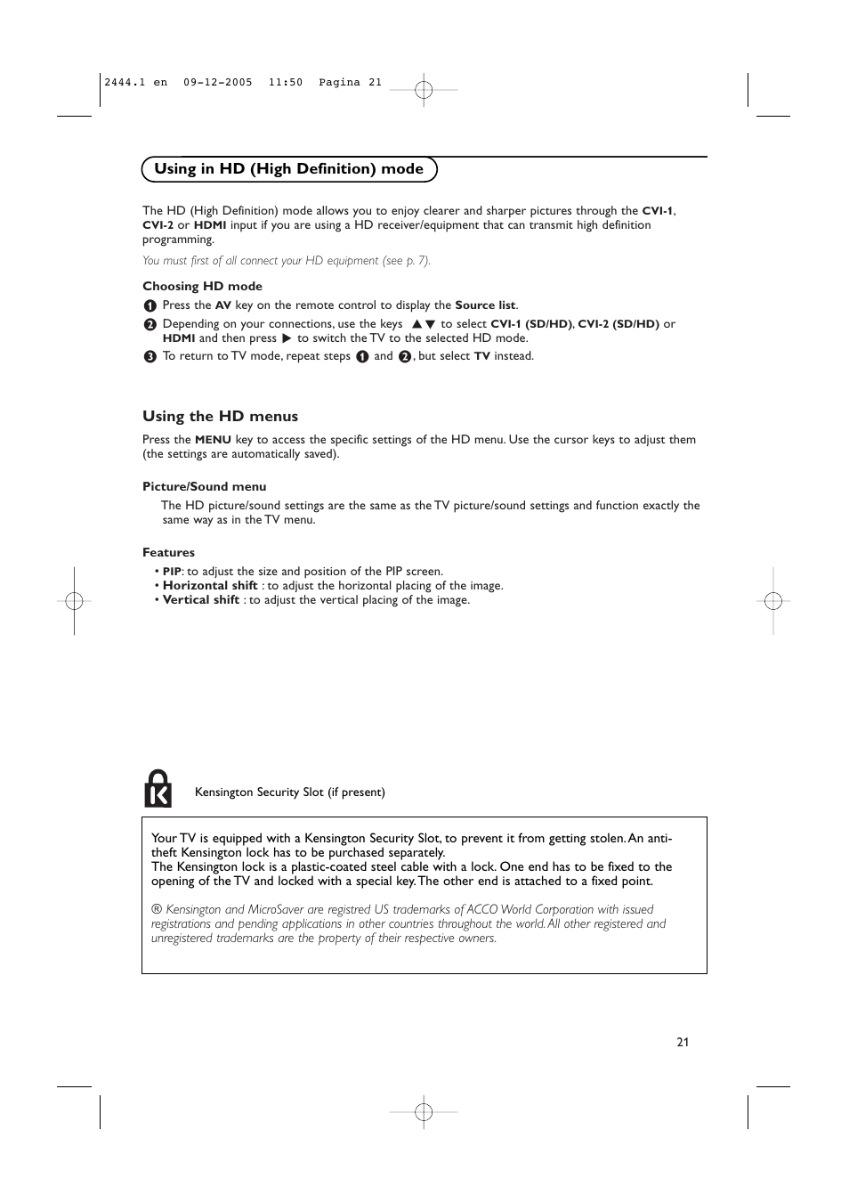 Using the hd menus, Using in hd (high definition) mode | Philips 42PF5320/79 User Manual | Page 23 / 28