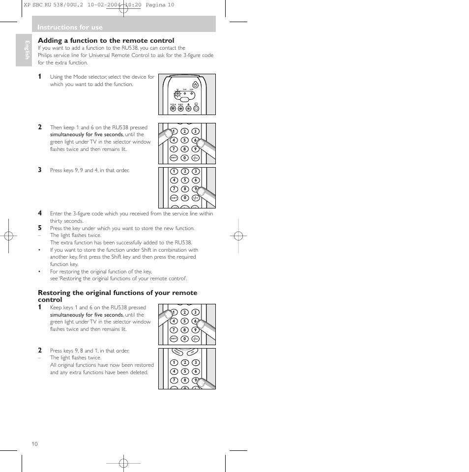 Adding a function to the remote control, Instructions for use | Philips SBC RU 538/00 User Manual | Page 10 / 78