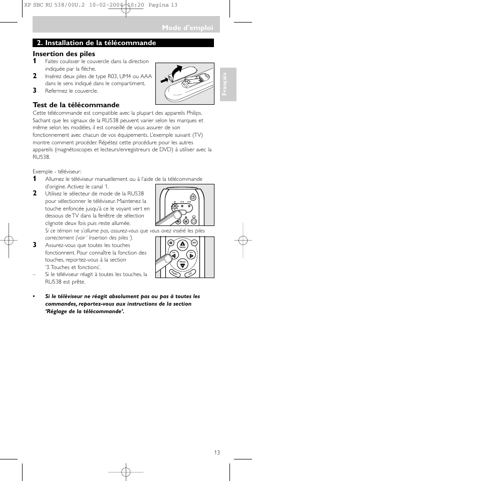 Mode d'emploi, Test de la télécommande | Philips SBC RU 538/00 User Manual | Page 13 / 78