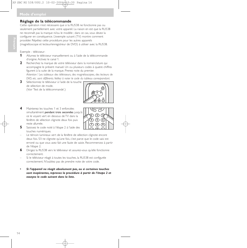 Réglage de la télécommande, Mode d'emploi | Philips SBC RU 538/00 User Manual | Page 14 / 78