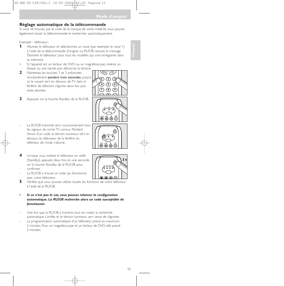 Réglage automatique de la télécommande, Mode d'emploi | Philips SBC RU 538/00 User Manual | Page 15 / 78