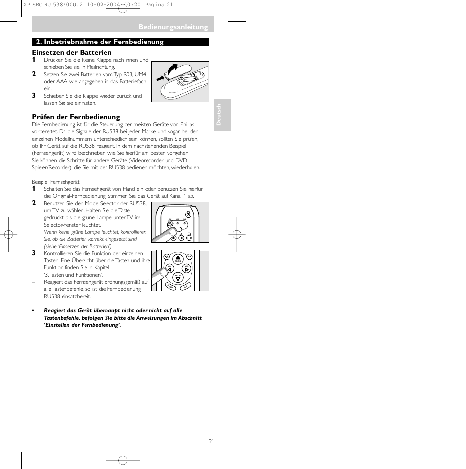 Bedienungsanleitung, Prüfen der fernbedienung | Philips SBC RU 538/00 User Manual | Page 21 / 78