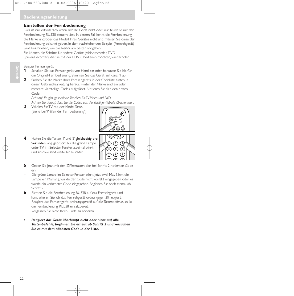Einstellen der fernbedienung, Bedienungsanleitung | Philips SBC RU 538/00 User Manual | Page 22 / 78