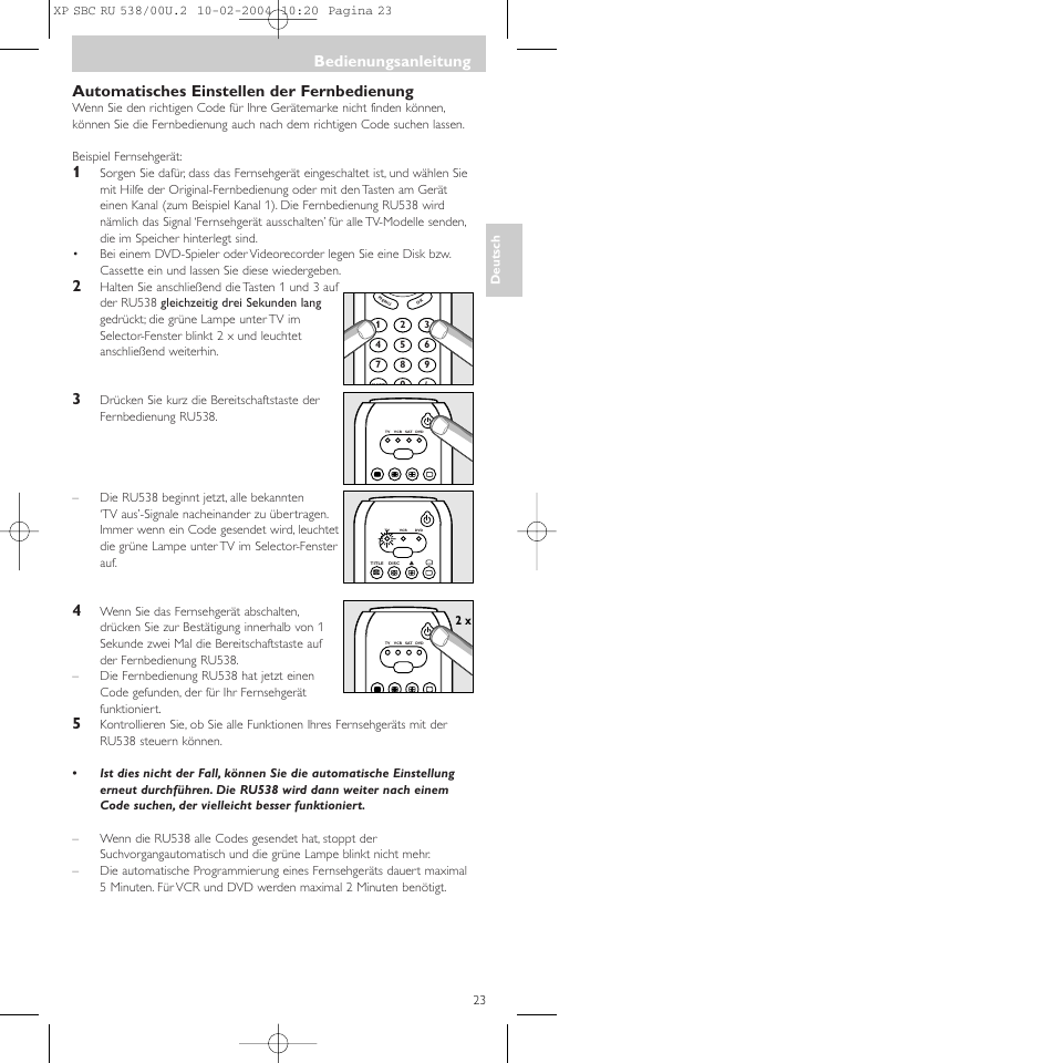 Automatisches einstellen der fernbedienung, Bedienungsanleitung | Philips SBC RU 538/00 User Manual | Page 23 / 78