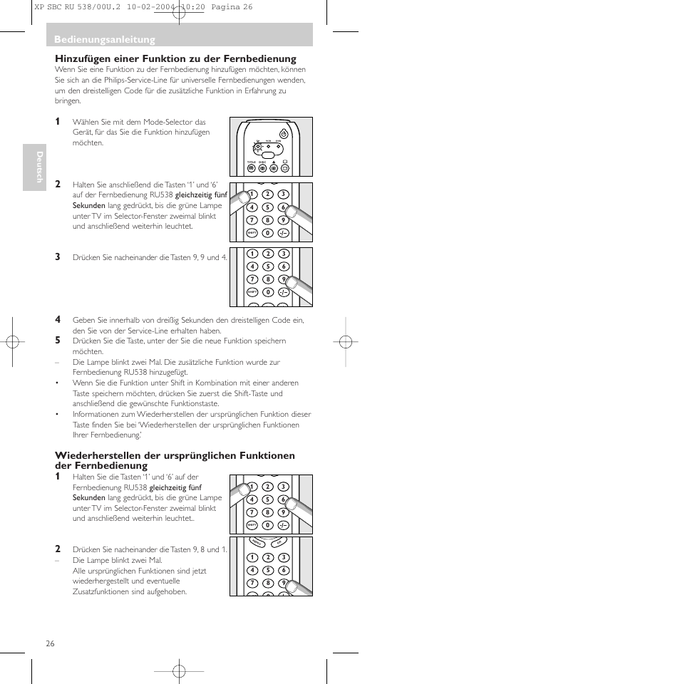 Hinzufügen einer funktion zu der fernbedienung, Bedienungsanleitung | Philips SBC RU 538/00 User Manual | Page 26 / 78