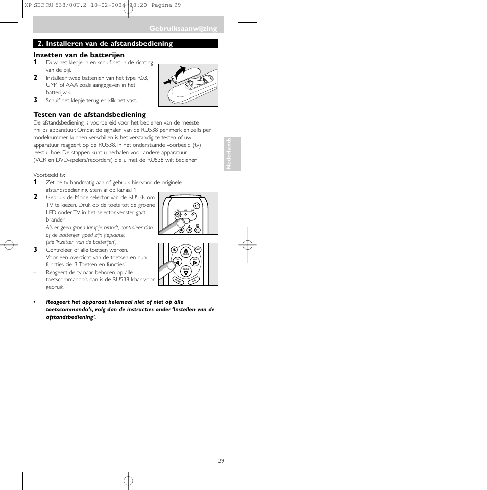 Gebruiksaanwijzing, Testen van de afstandsbediening | Philips SBC RU 538/00 User Manual | Page 29 / 78