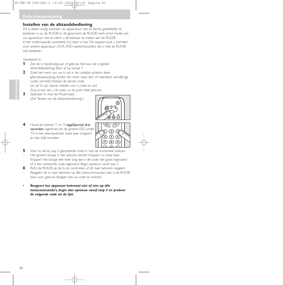 Instellen van de afstandsbediening, Gebruiksaanwijzing | Philips SBC RU 538/00 User Manual | Page 30 / 78