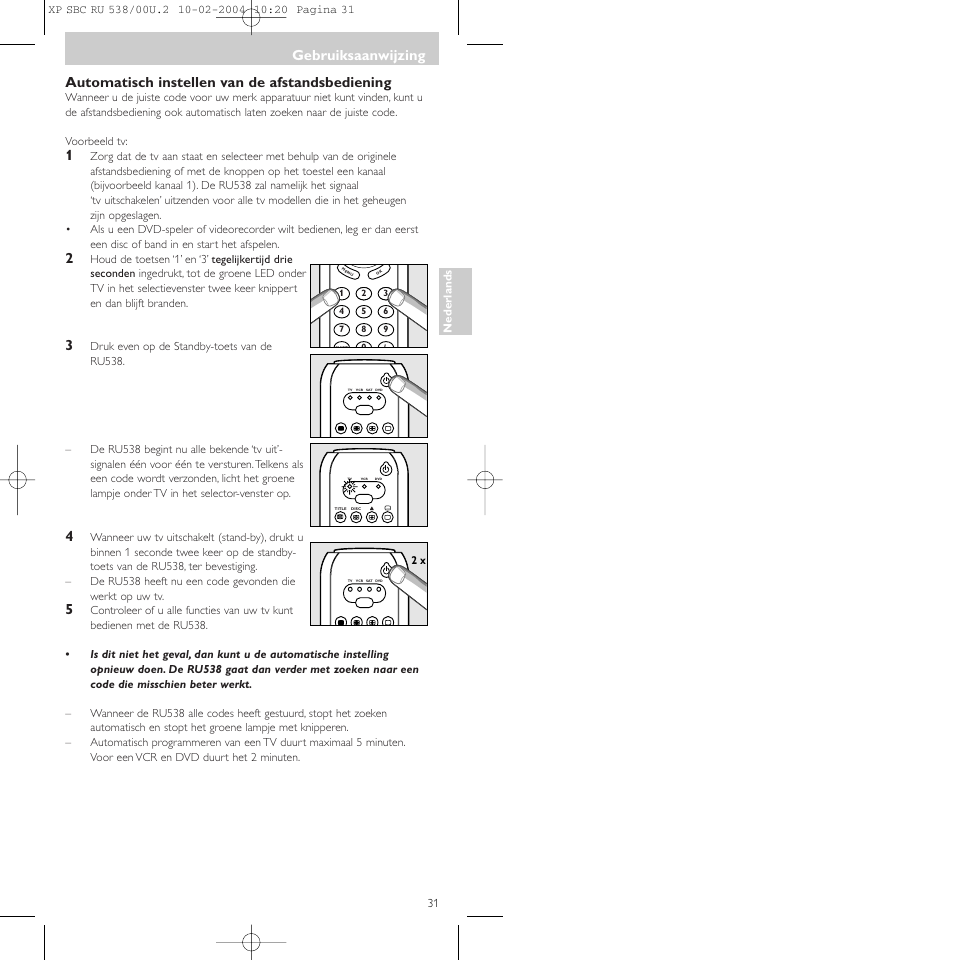 Automatisch instellen van de afstandsbediening, Gebruiksaanwijzing | Philips SBC RU 538/00 User Manual | Page 31 / 78