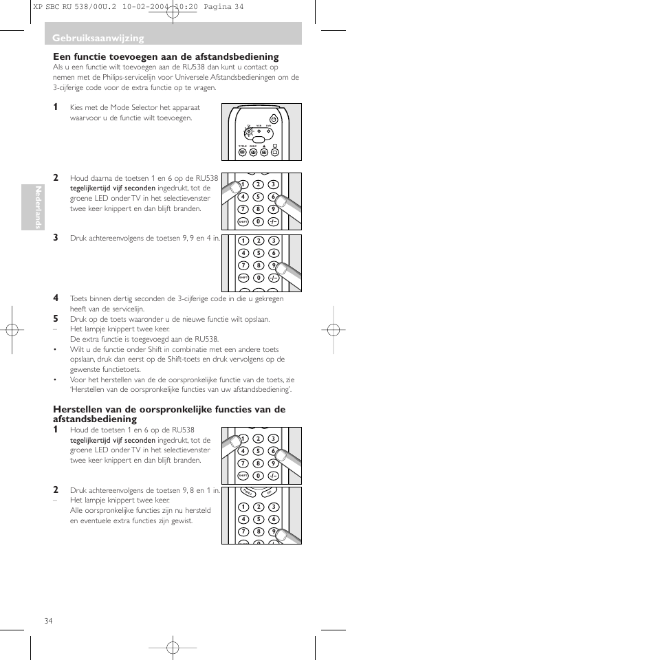 Een functie toevoegen aan de afstandsbediening, Gebruiksaanwijzing | Philips SBC RU 538/00 User Manual | Page 34 / 78