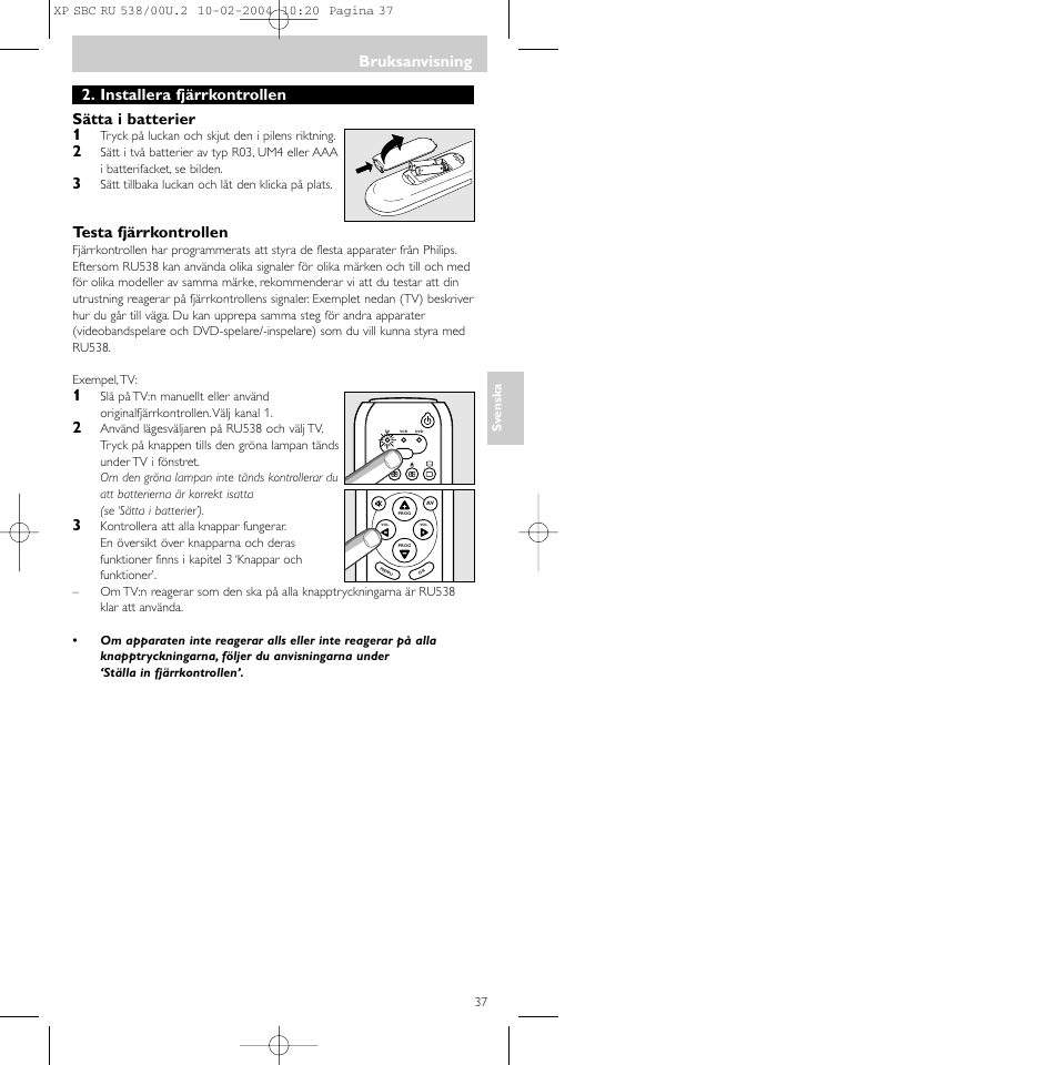 Bruksanvisning, Installera fjärrkontrollen sätta i batterier 1, Testa fjärrkontrollen | Philips SBC RU 538/00 User Manual | Page 37 / 78