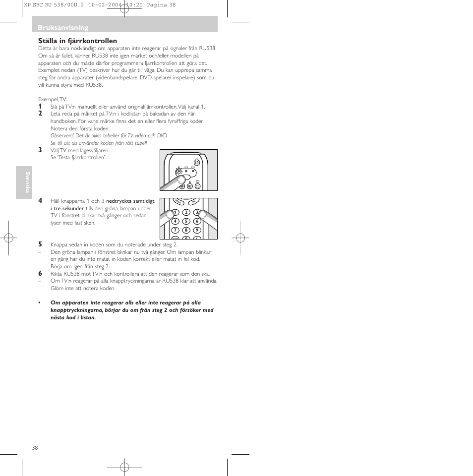 Ställa in fjärrkontrollen, Bruksanvisning | Philips SBC RU 538/00 User Manual | Page 38 / 78