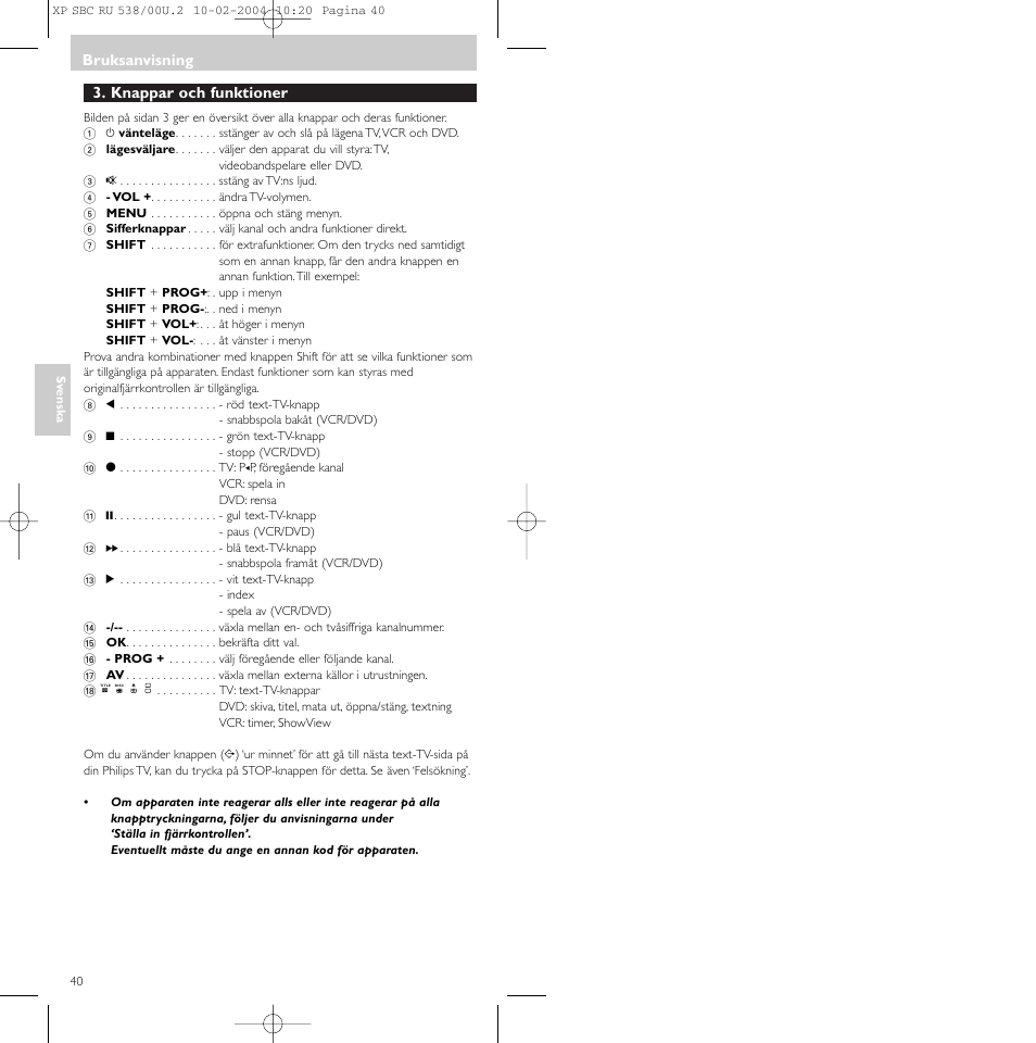 Knappar och funktioner, Bruksanvisning | Philips SBC RU 538/00 User Manual | Page 40 / 78