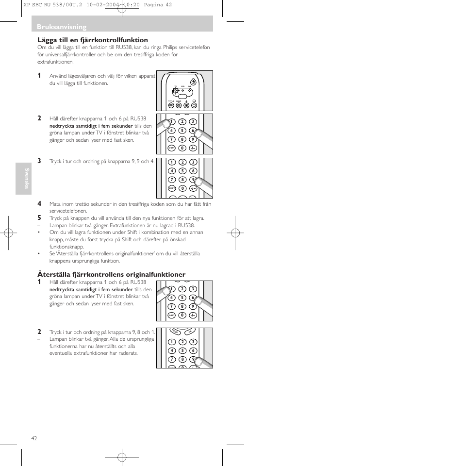 Lägga till en fjärrkontrollfunktion, Återställa fjärrkontrollens originalfunktioner 1, Bruksanvisning | Philips SBC RU 538/00 User Manual | Page 42 / 78