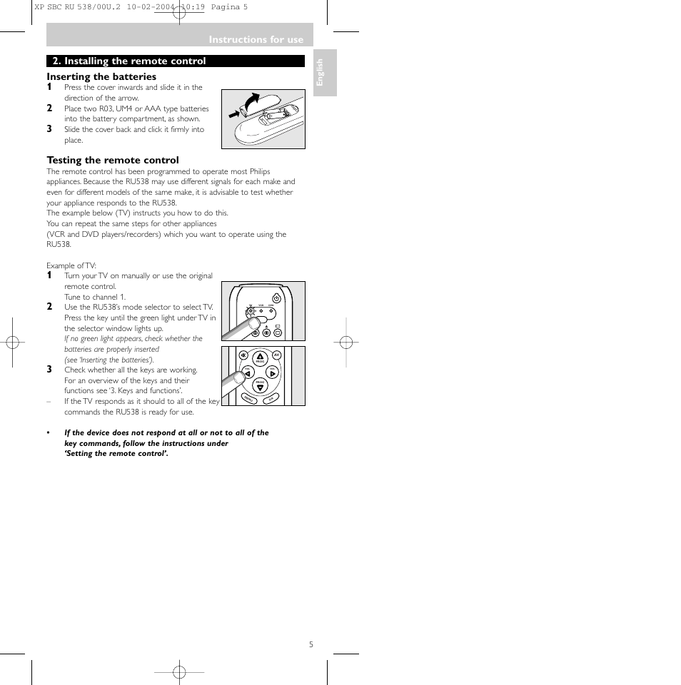 Instructions for use, Testing the remote control | Philips SBC RU 538/00 User Manual | Page 5 / 78