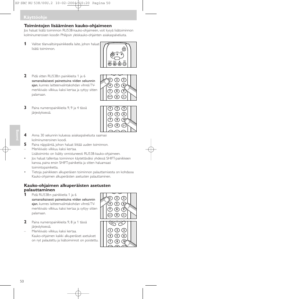 Toimintojen lisääminen kauko-ohjaimeen, Käyttöohje | Philips SBC RU 538/00 User Manual | Page 50 / 78