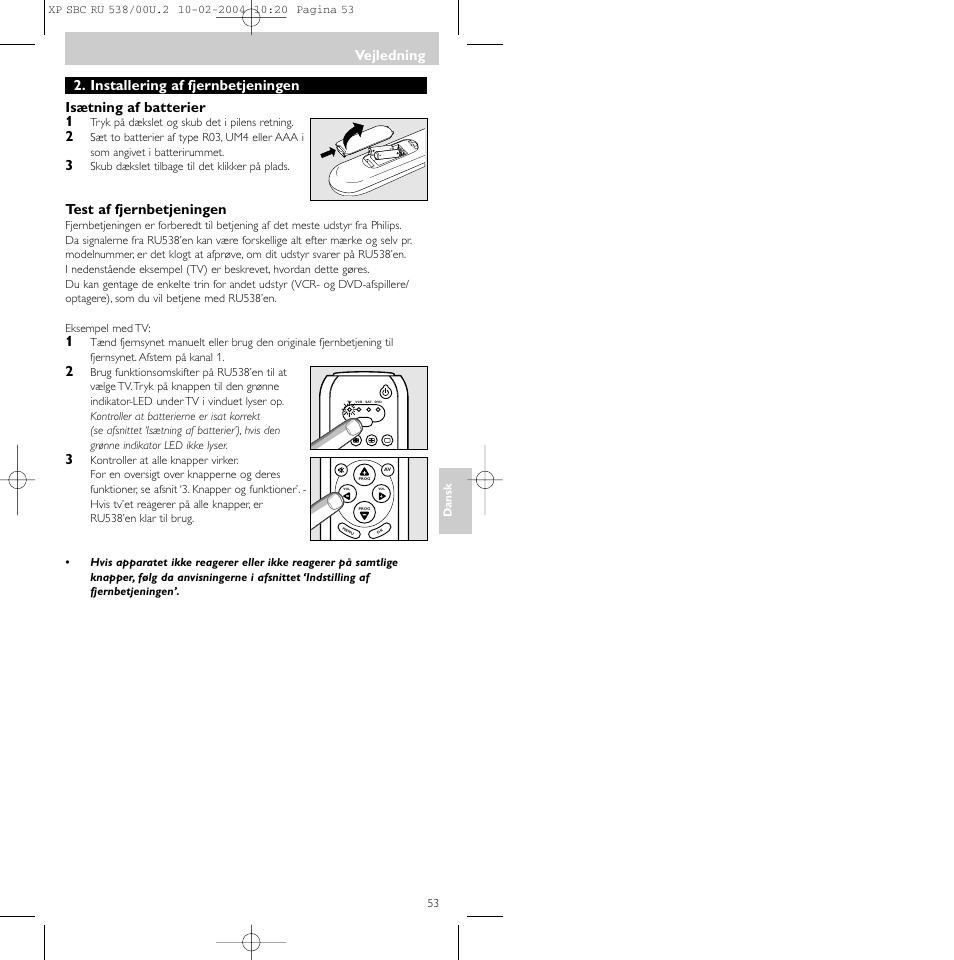 Vejledning, Test af fjernbetjeningen | Philips SBC RU 538/00 User Manual | Page 53 / 78