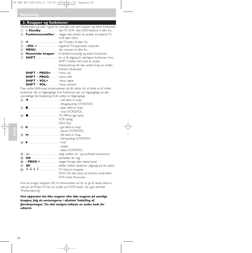 Knapper og funktioner, Vejledning | Philips SBC RU 538/00 User Manual | Page 56 / 78