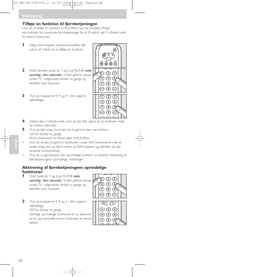 Tilføje en funktion til fjernbetjeningen, Vejledning | Philips SBC RU 538/00 User Manual | Page 58 / 78