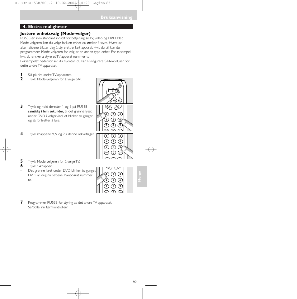 Ekstra muligheter justere enhetsvalg (mode-velger), Bruksanvisning | Philips SBC RU 538/00 User Manual | Page 65 / 78