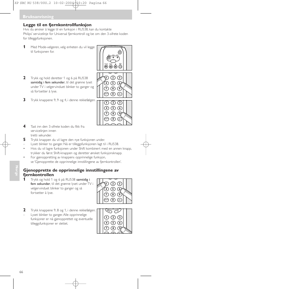 Legge til en fjernkontrollfunksjon, Bruksanvisning | Philips SBC RU 538/00 User Manual | Page 66 / 78