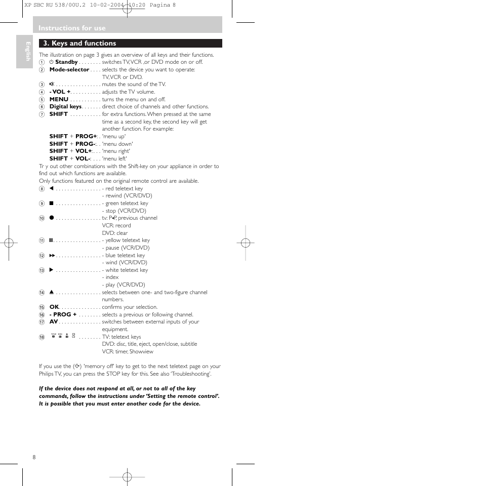 Keys and functions, Instructions for use | Philips SBC RU 538/00 User Manual | Page 8 / 78