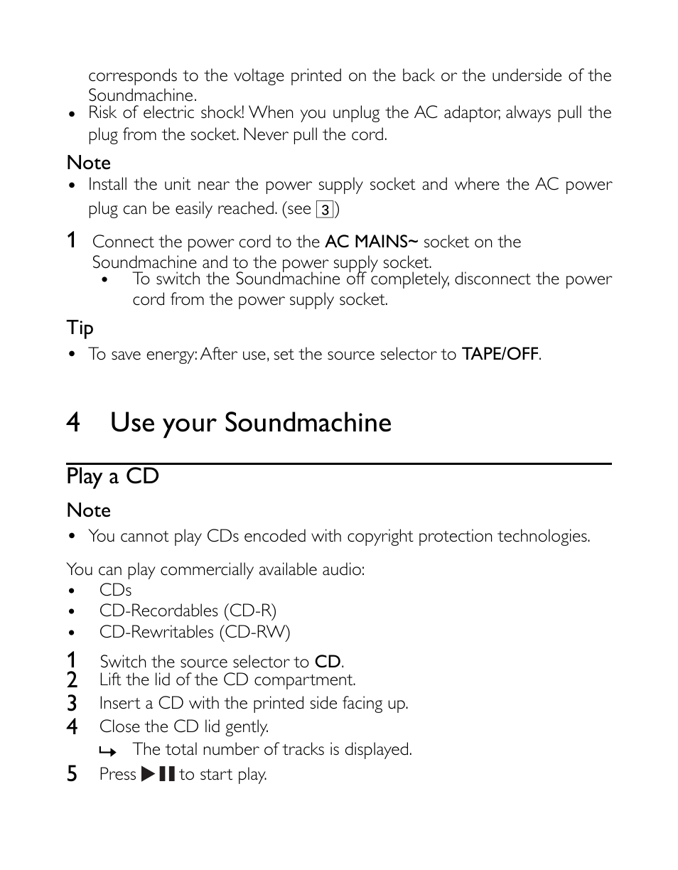 4 use your soundmachine, Play a cd | Philips AZ1027/12 User Manual | Page 10 / 16